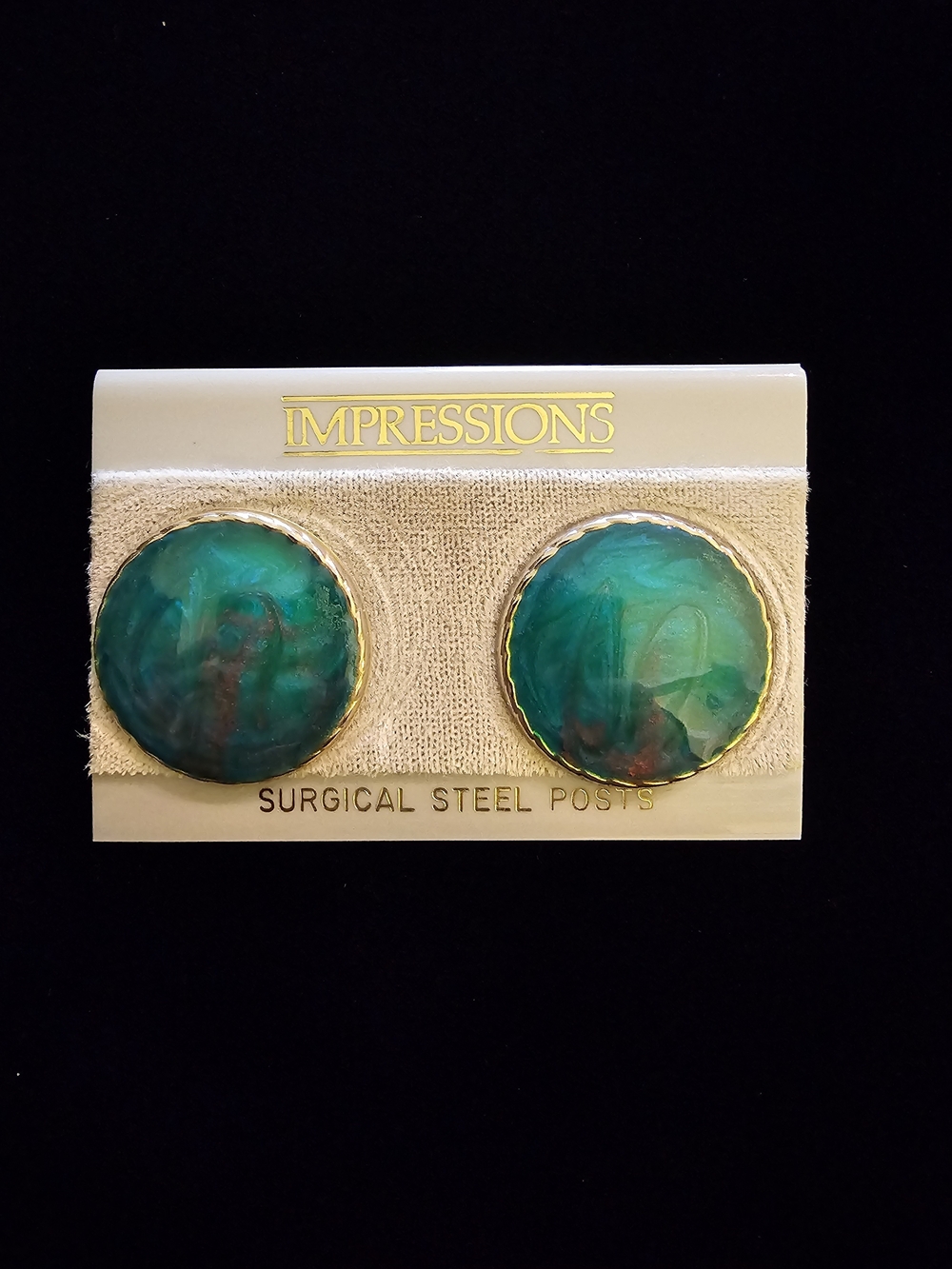 Vintage 1980s Impressions Teal Green Round Statement Stud Earrings